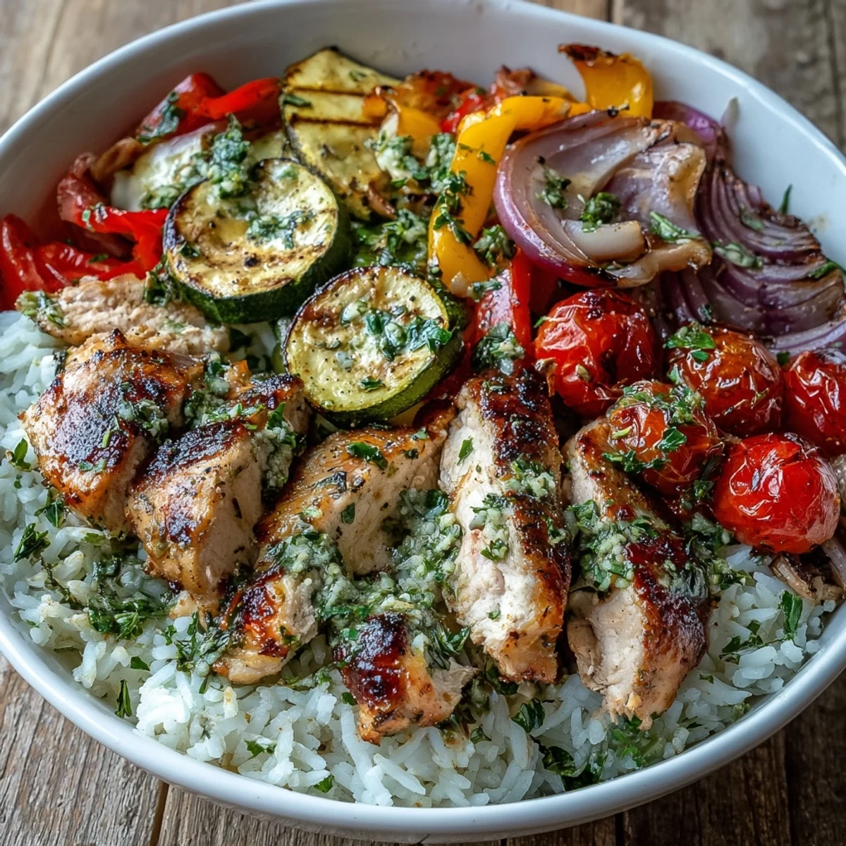 Overhead shot of Lemon Herb Roasted Chicken Bowl on a white plate, garnished with fresh rosemary and lemon slices.