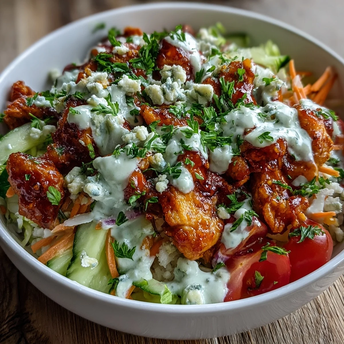 Spicy Buffalo Chicken Bowl over fluffy white rice topped with tangy blue cheese crumbles.