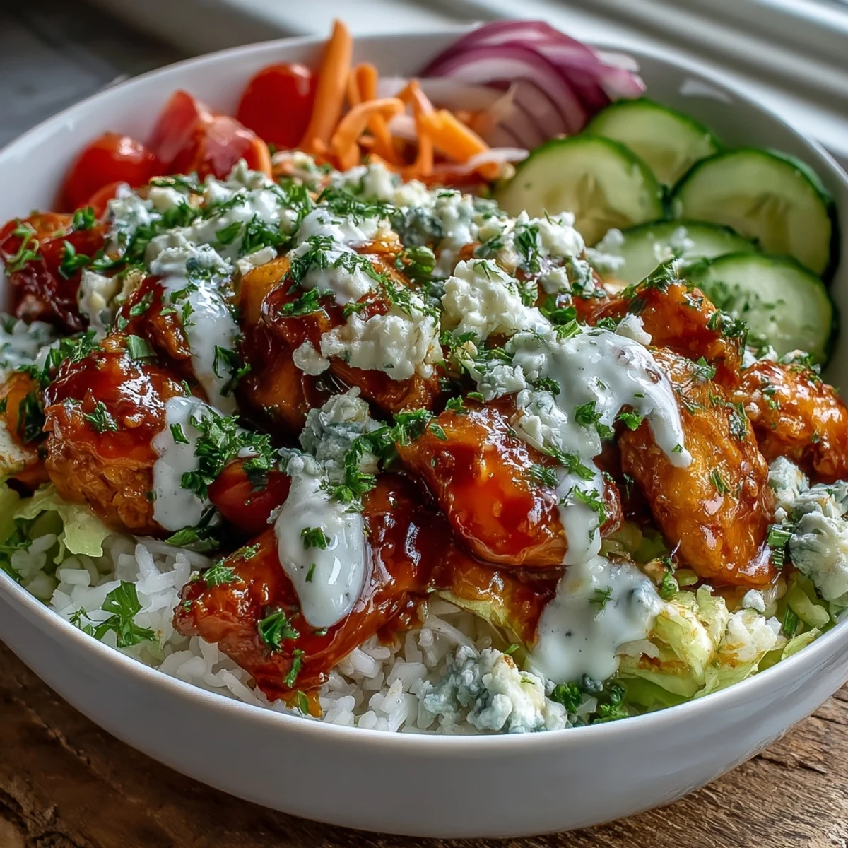 Deconstructed Buffalo Chicken Bowl with cucumber slices, red onion, and ranch on a wooden table.