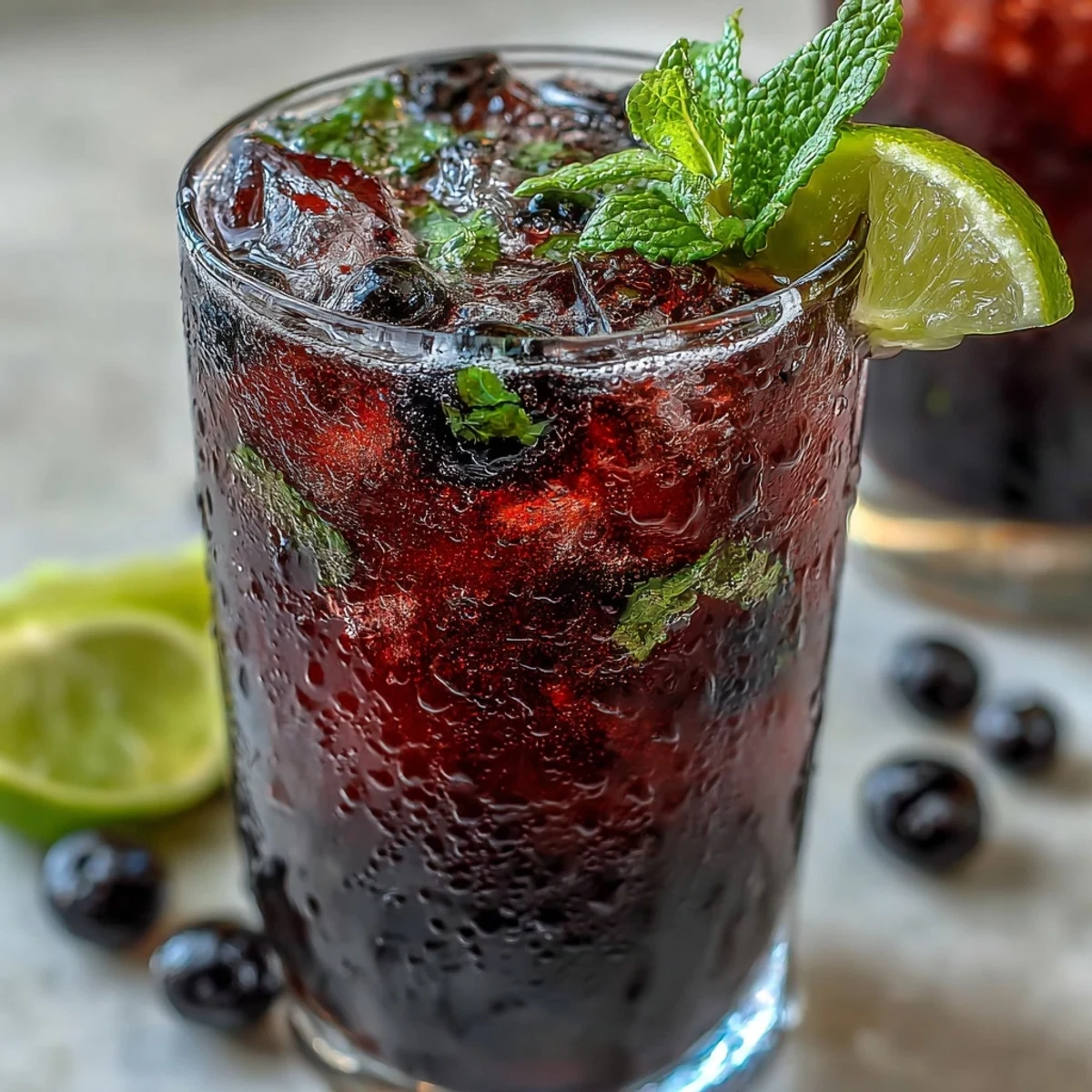 A chilled Black Currant Mojito with fresh mint leaves muddled at the bottom of a sturdy glass.