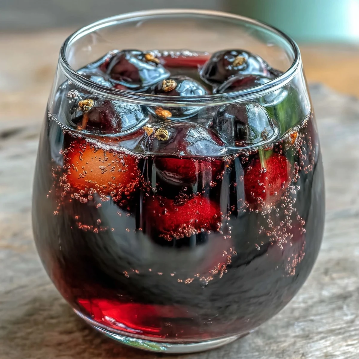 A glass bottle of homemade Black Currant Rum Liqueur with deep ruby liquid and fresh berries on the side.