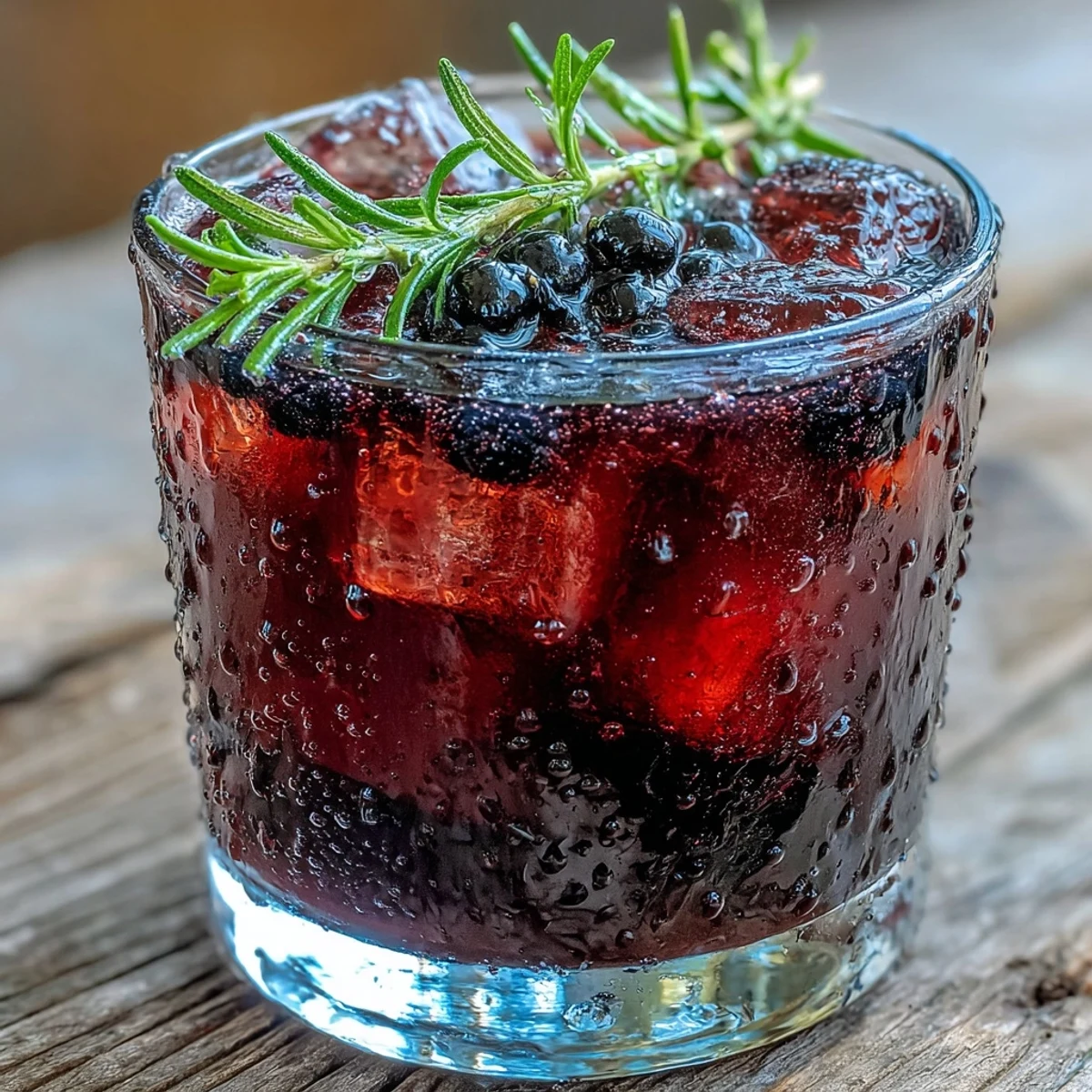Close-up of the Black Currant Rosemary Cocktail garnished with fresh black currants, emphasizing the bourbon’s rich, amber tone.