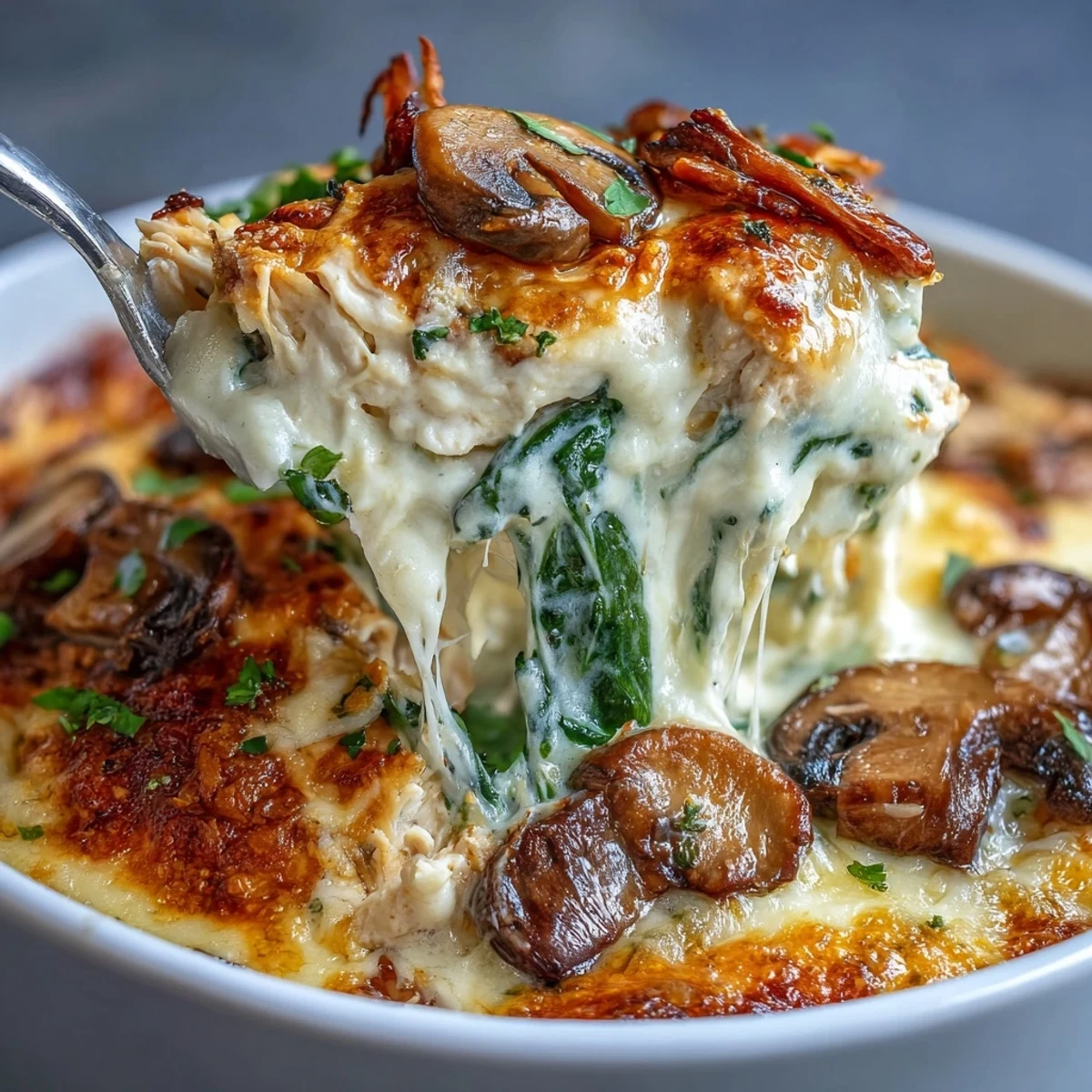 Golden, bubbly low-carb Chicken Spinach & Mushroom casserole fresh from the oven with melted cheese.