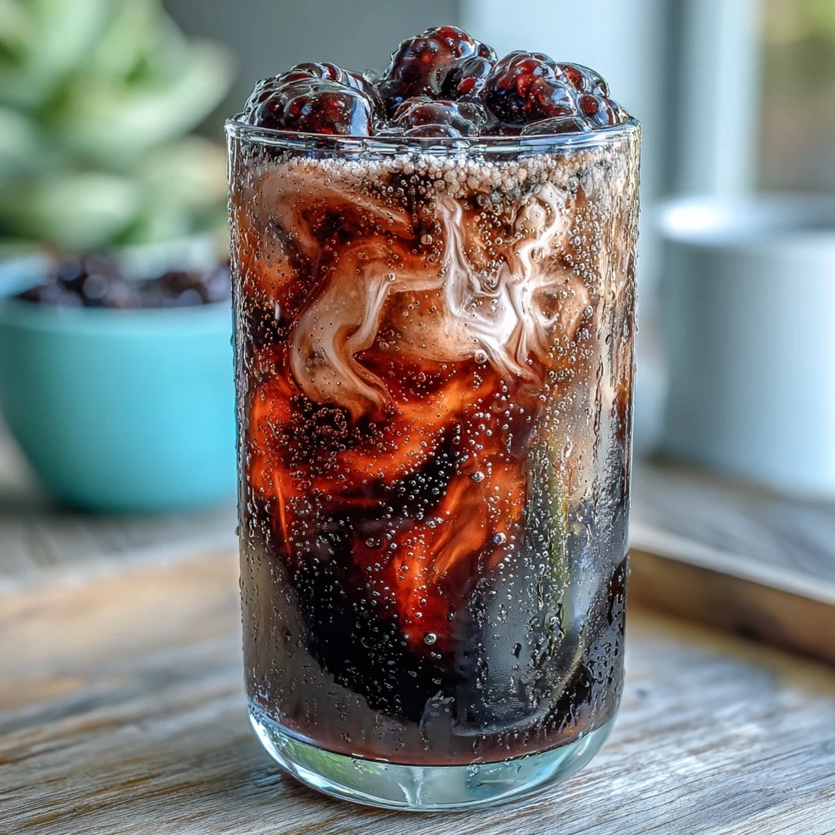 Cold Dr Pepper is layered with blackberry syrup and topped with fluffy coconut cream in a tall glass over ice.
