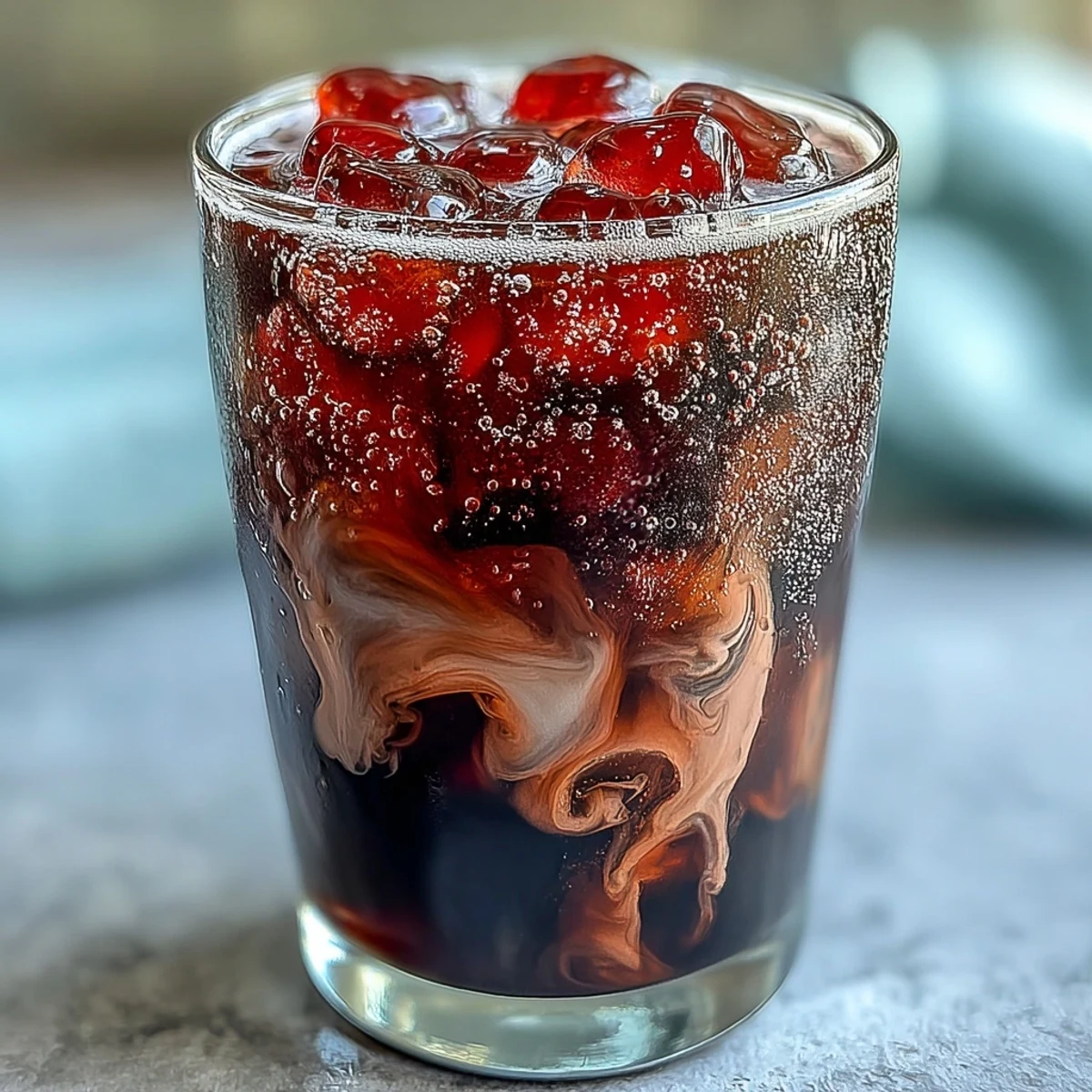 A single Midnight Malibu Dirty Soda garnished with fresh blackberries and a mint sprig on a marble countertop.