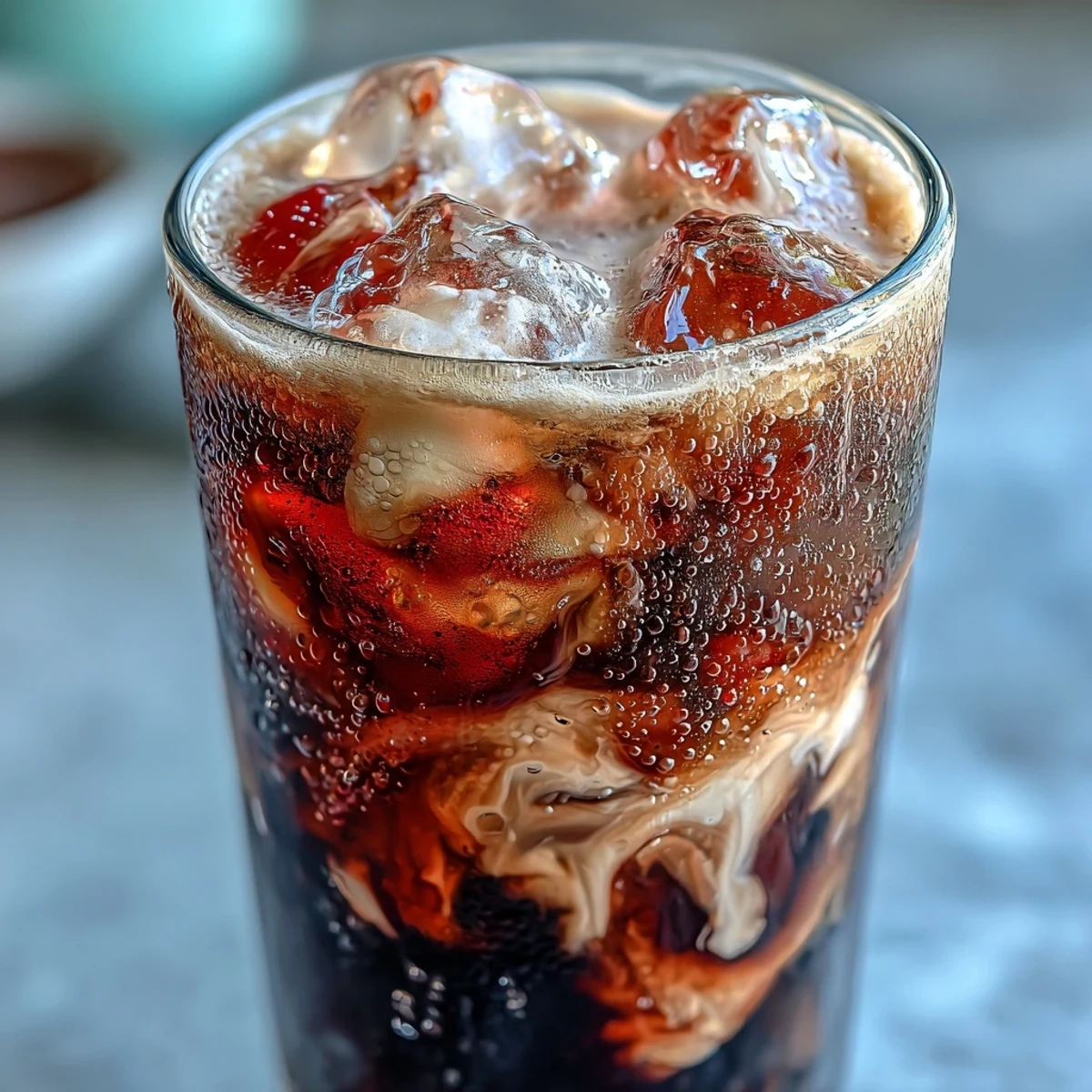 A creamy, marbled Midnight Malibu Dirty Soda with a rich coconut float, perfect for sipping through a straw.