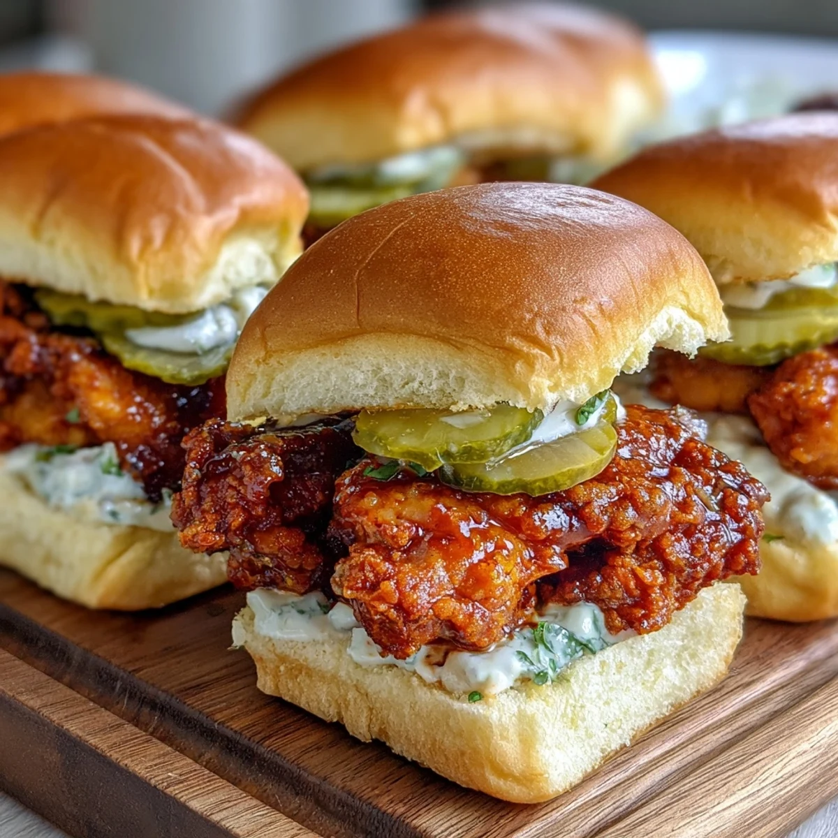 Golden-brown Nashville Hot Chicken Sliders served on soft buns with creamy dill pickle aioli.