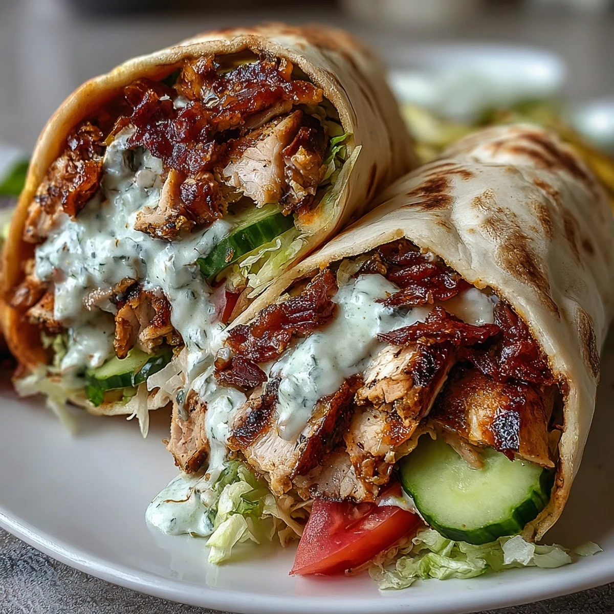 Freshly grilled Savor the Flavor: Irresistible Chicken Shawarma with Creamy Garlic Sauce wrapped in warm pita bread with crisp lettuce and tomatoes.