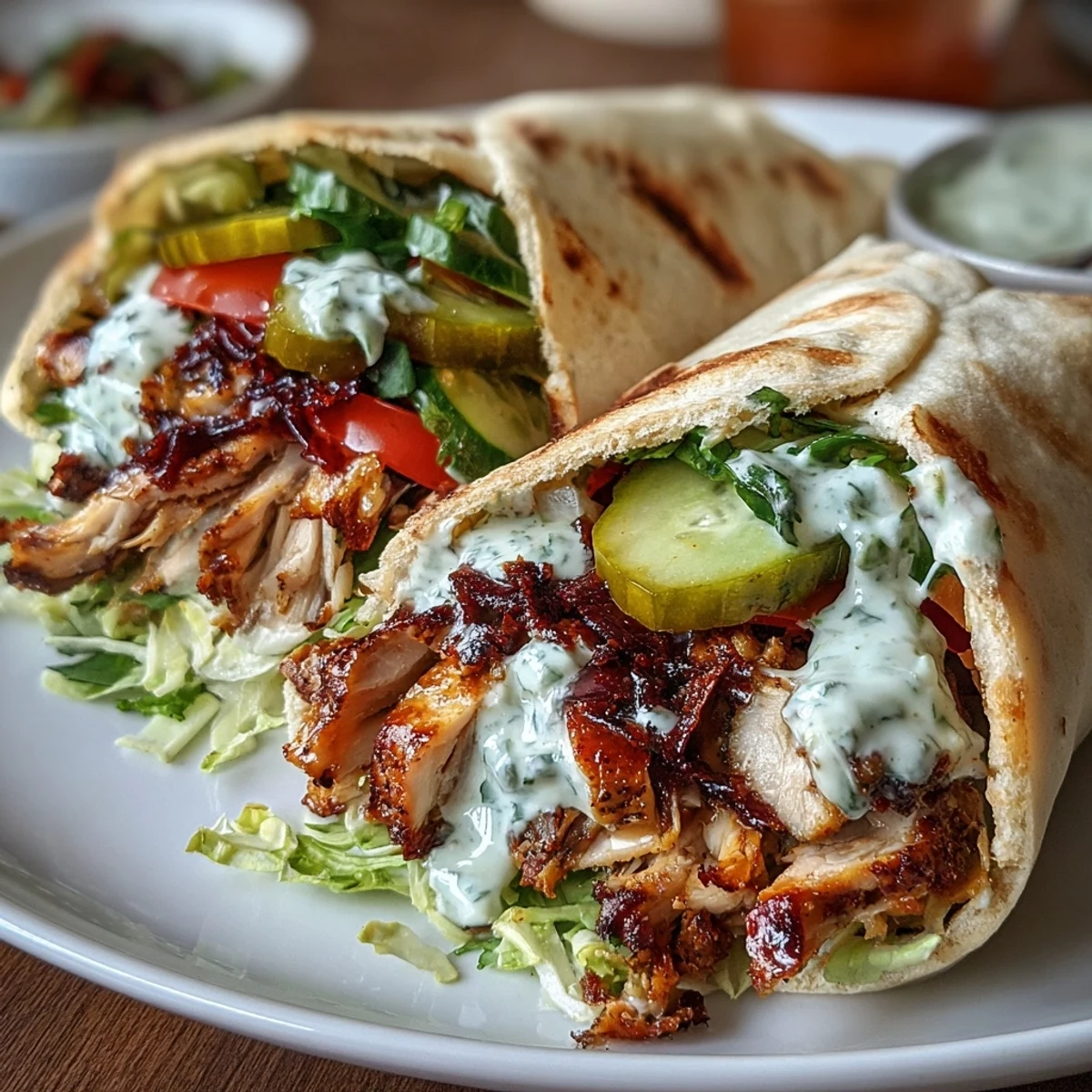 Assembled pita pockets filled with marinated chicken, vibrant pickles, and a generous drizzle of creamy garlic sauce for a zesty bite.