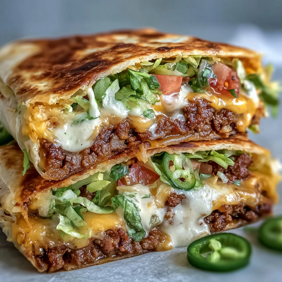 Golden-brown Keto Crunchwraps filled with seasoned beef, melty cheddar sauce, and fresh lettuce, resting on a rustic plate.