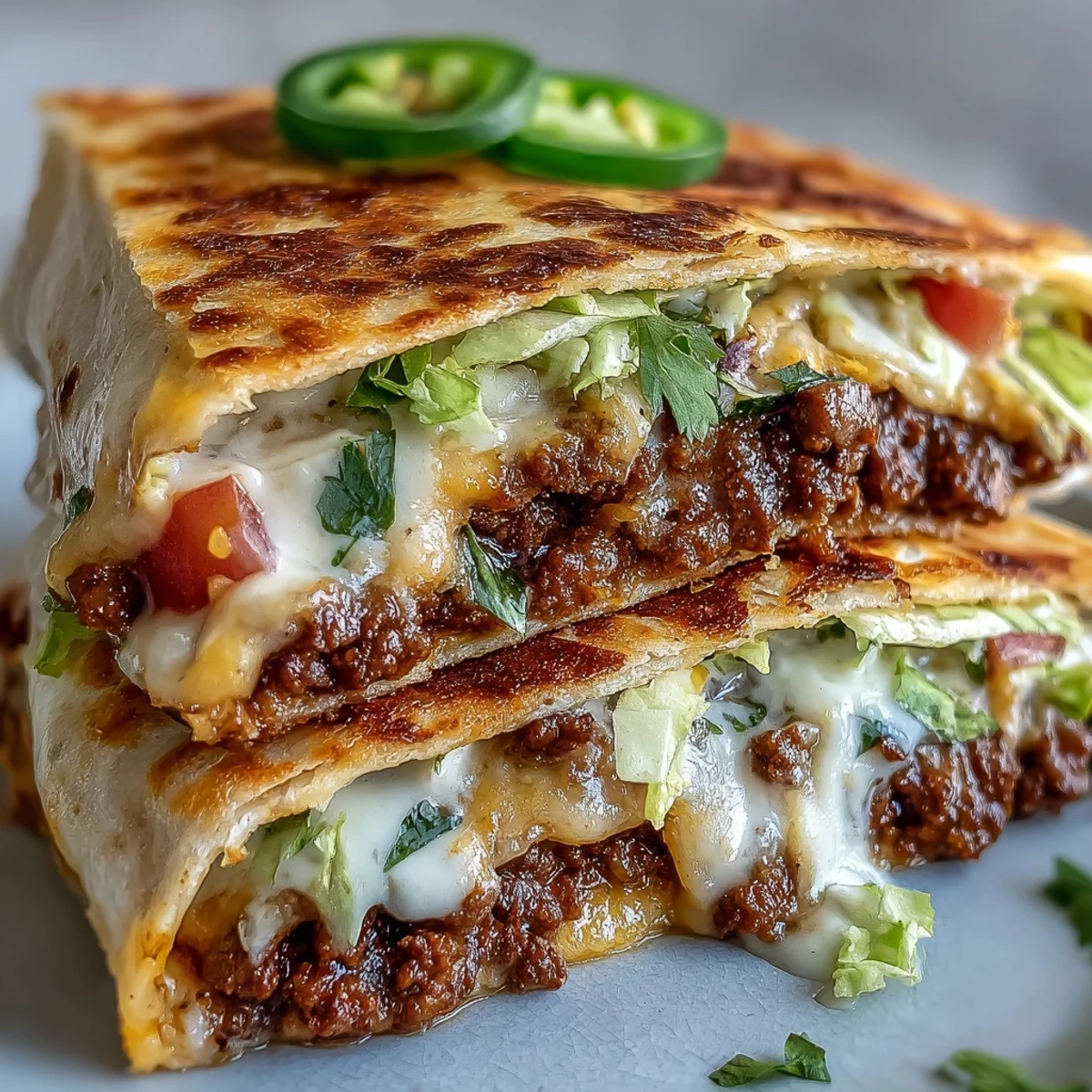 Fresh Keto Crunchwraps topped with cilantro and jalapeños, sliced to reveal the savory beef and cheese sauce inside.