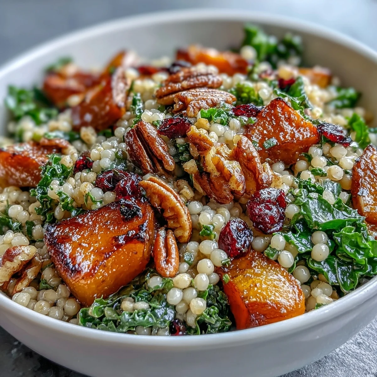 Plated Honey Autumn Pearl Couscous Salad features kale, roasted squash, and cranberries on a rustic wooden board.