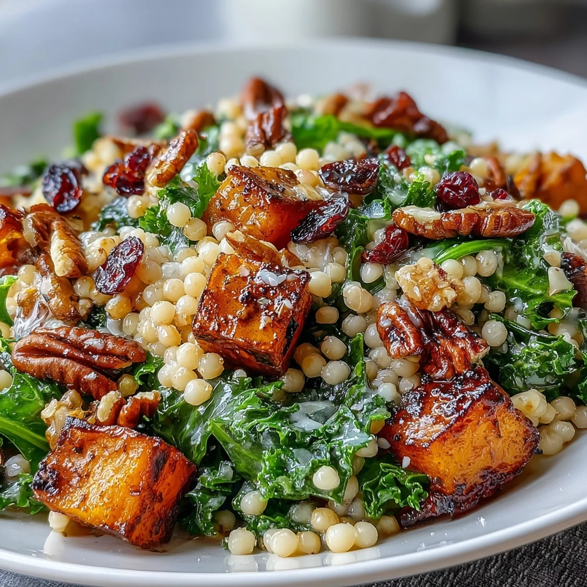 Close-up of Honey Autumn Pearl Couscous Salad highlighting massaged kale, tender pearl couscous, and dried cranberries.