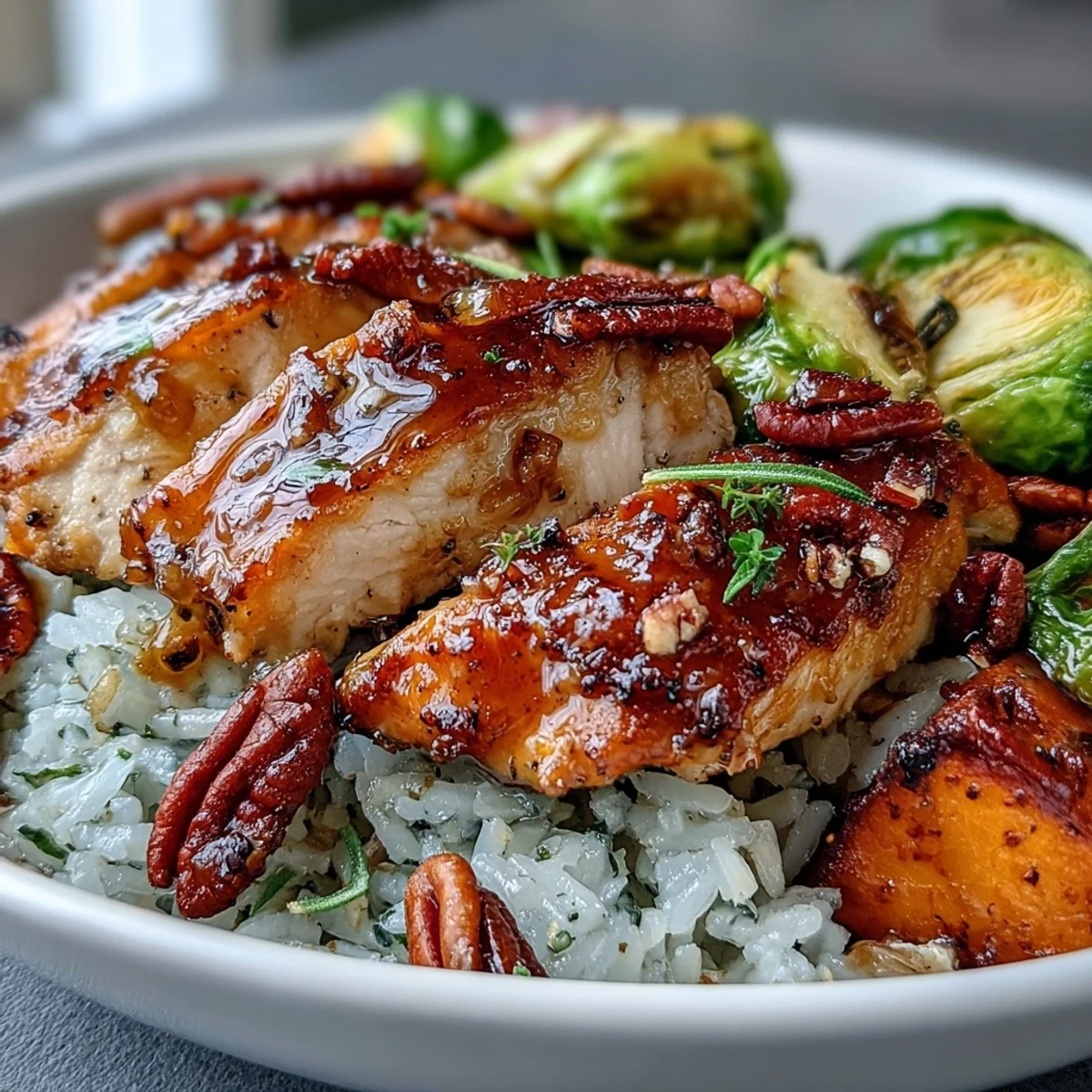 Sliced maple Dijon glazed chicken rests on brown rice with roasted sweet potatoes and Brussels sprouts.
