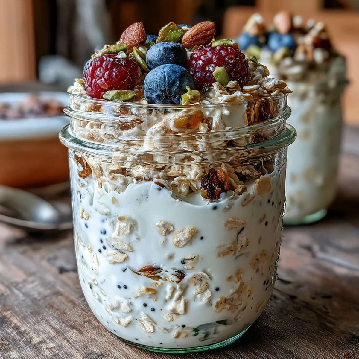 A glass jar of Pistachio Overnight Oats topped with chopped nuts and fresh berries, ready to eat.
