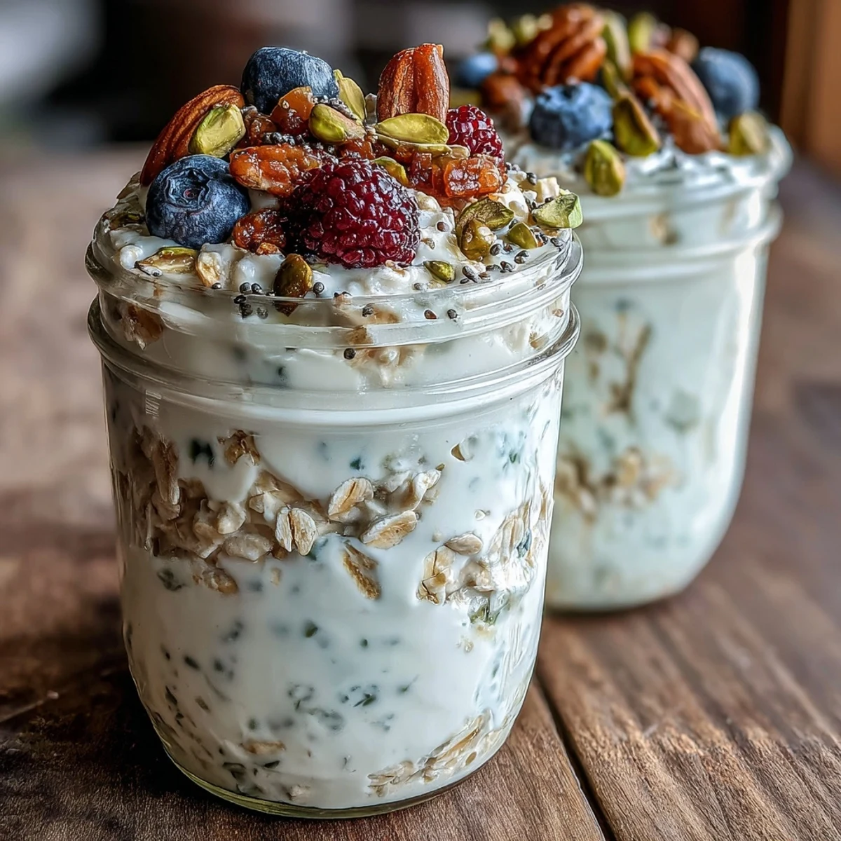 Chilled Pistachio Overnight Oats in a jar with a spoon, served beside a glass of milk for breakfast.