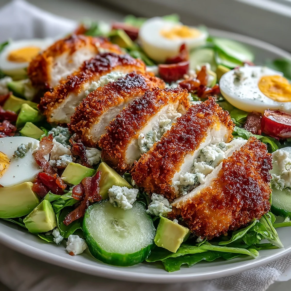 Golden-brown Parmesan Crusted Chicken Cobb Salad features sliced baked chicken thighs over fresh greens with avocado and bacon.