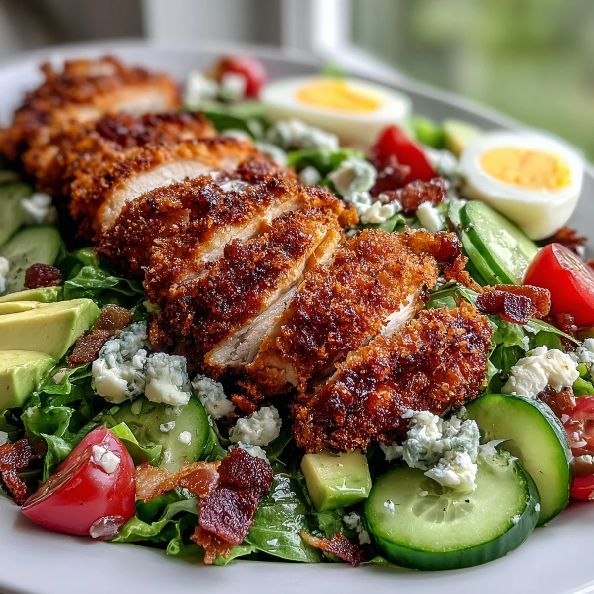 Freshly prepared Parmesan Crusted Chicken Cobb Salad showcases colorful vegetables and a creamy dressing for a hearty meal.