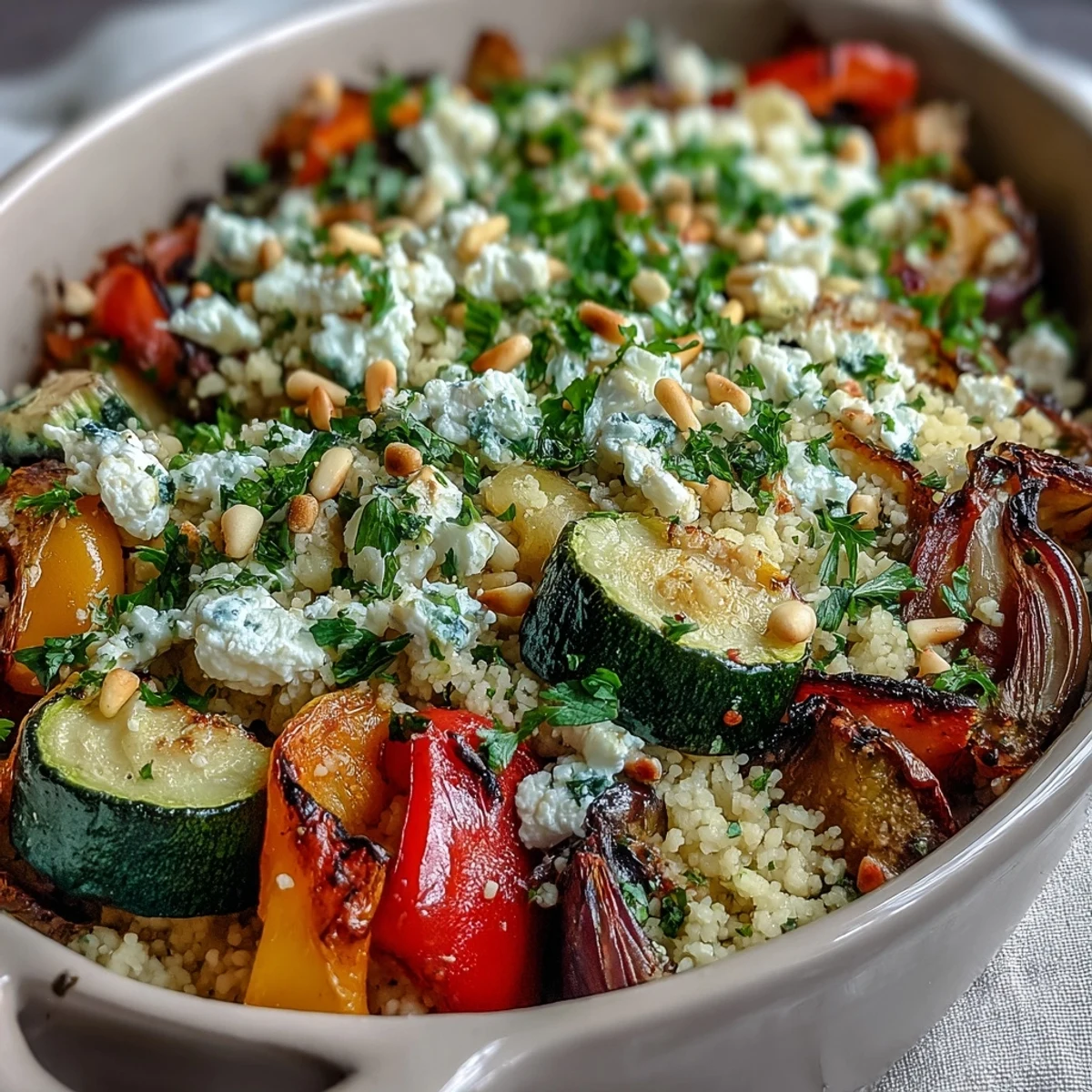 Freshly baked Roasted Veggie & Feta Couscous Bake with golden edges, garnished with green parsley and pine nuts, ready to enjoy.