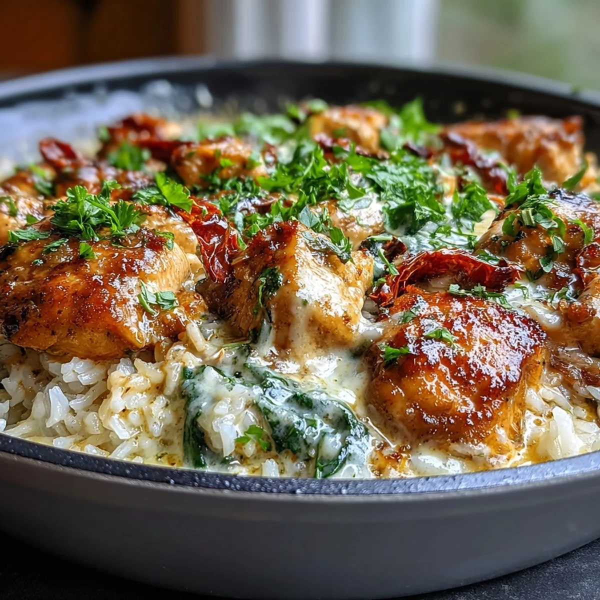 Creamy Tuscan Chicken Rice Skillet with golden chicken and melted Parmesan in a rich garlic sauce.
