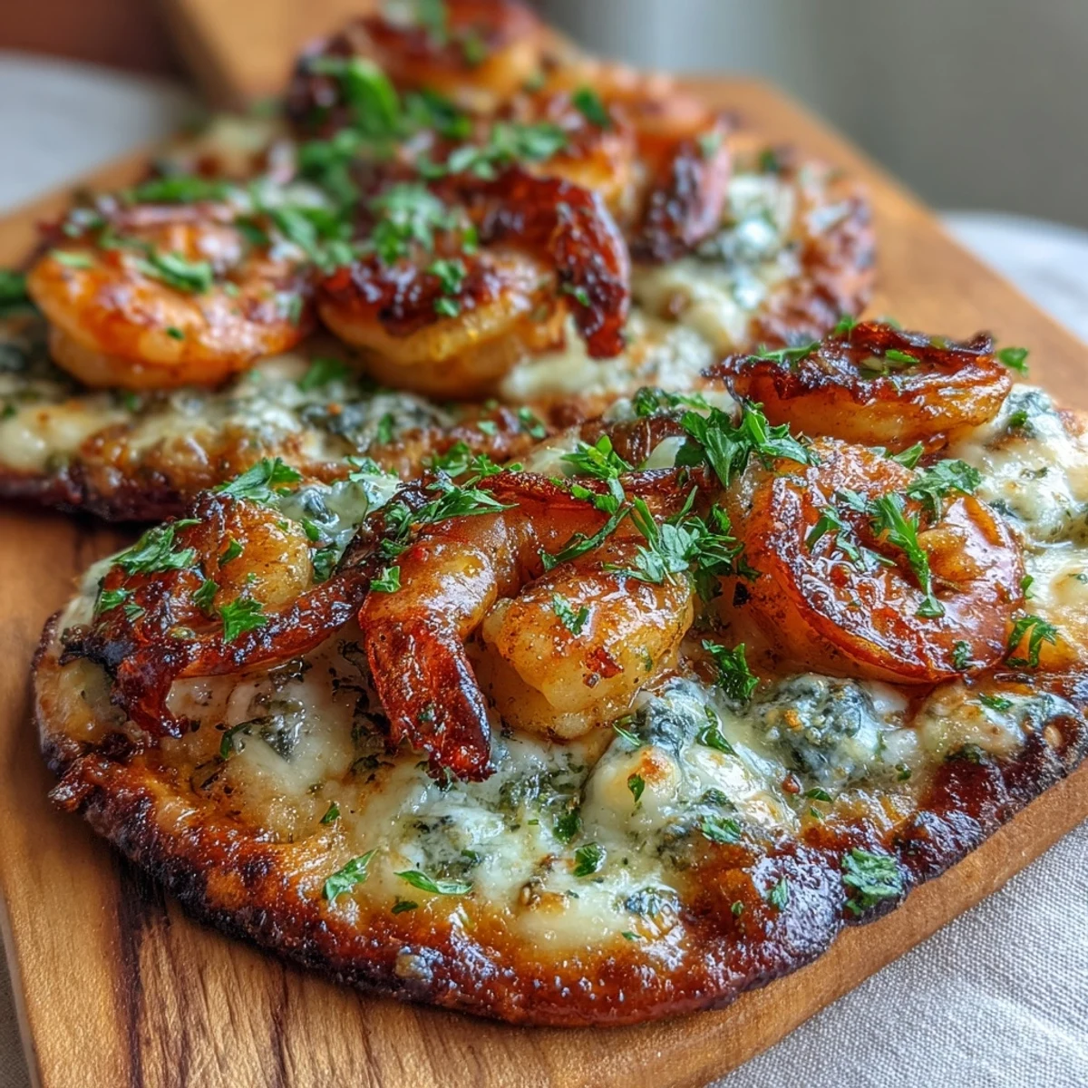 Broiled Garlic Butter Shrimp Naan Pizzas fresh from the oven with parsley garnish on a baking sheet.