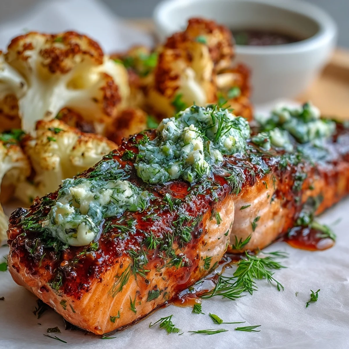 Golden-brown roasted cauliflower florets surround a platter of Keto Herb Butter Salmon with lemon wedges and fresh herbs.