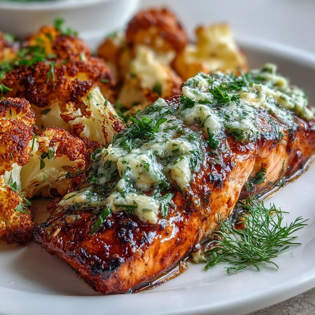 Sizzling Keto Herb Butter Salmon fillets bake alongside seasoned cauliflower, releasing aromatic herb and lemon steam in the oven.