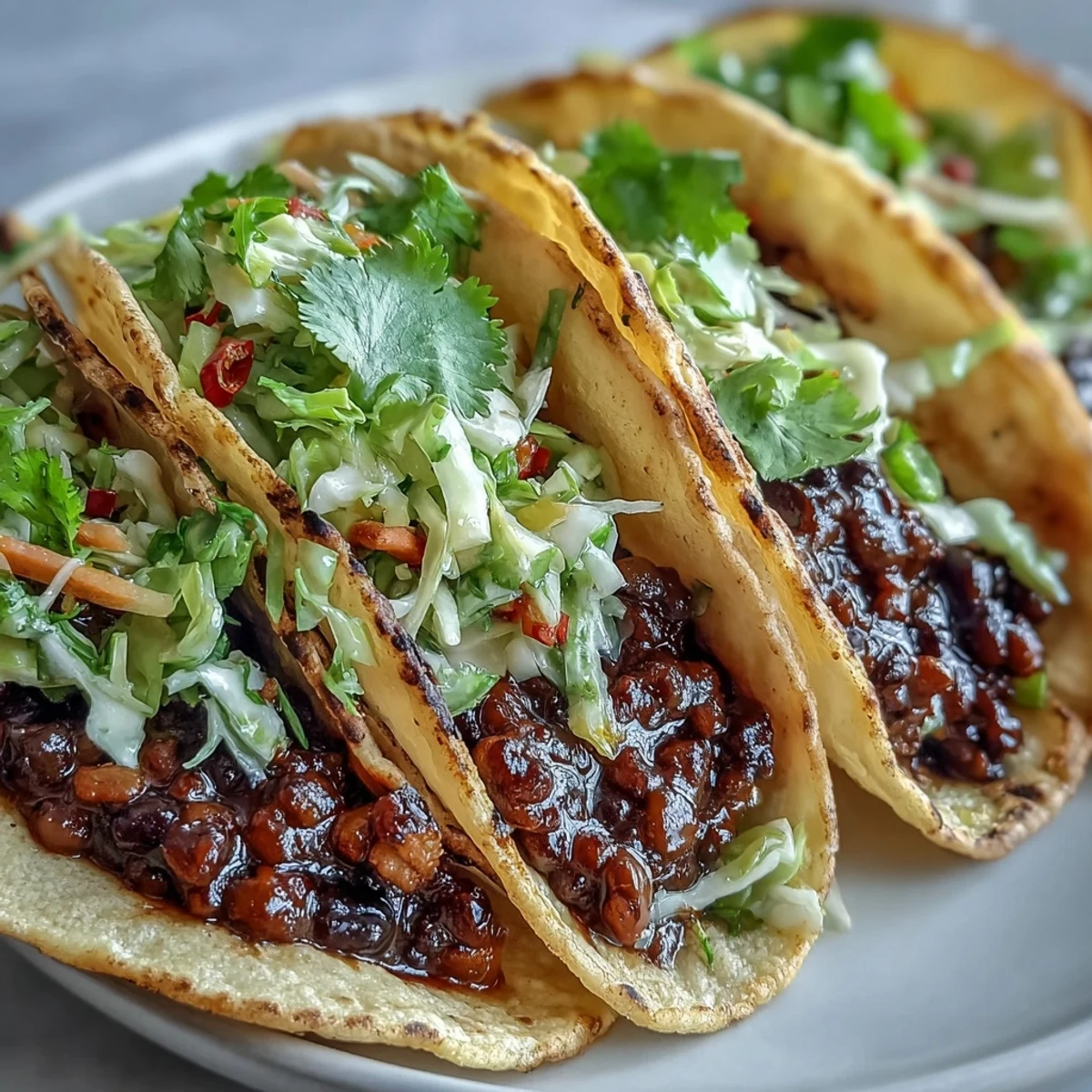Smoky BBQ lentil filling loaded into corn tortillas with vibrant red and green cabbage slaw.