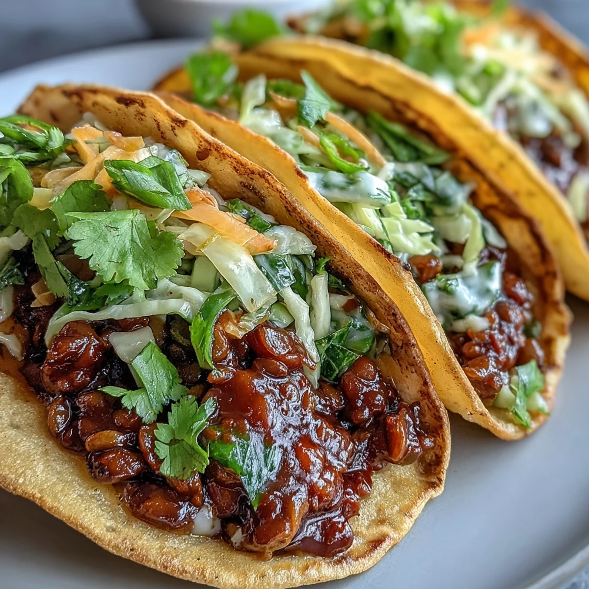 Assembled Vegan BBQ Lentil Tacos on a plate, ready to serve with lime wedges and avocado.