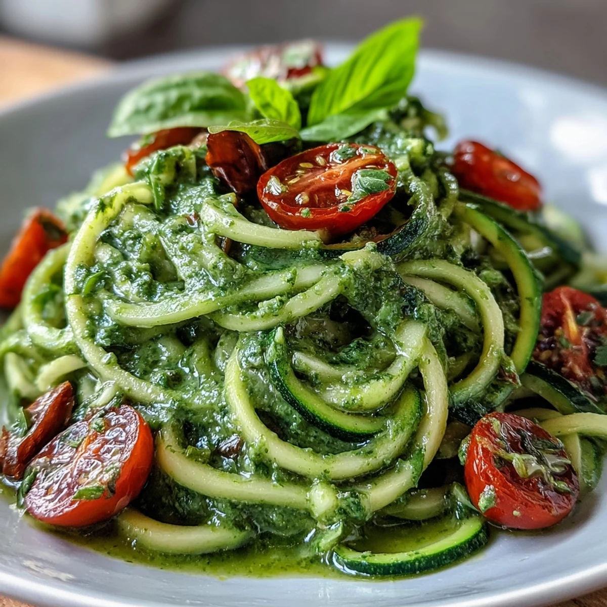 Vegan Pumpkin Seed Pesto Zucchini Noodles served fresh, coated in a bright green sauce with halved cherry tomatoes and basil garnish.