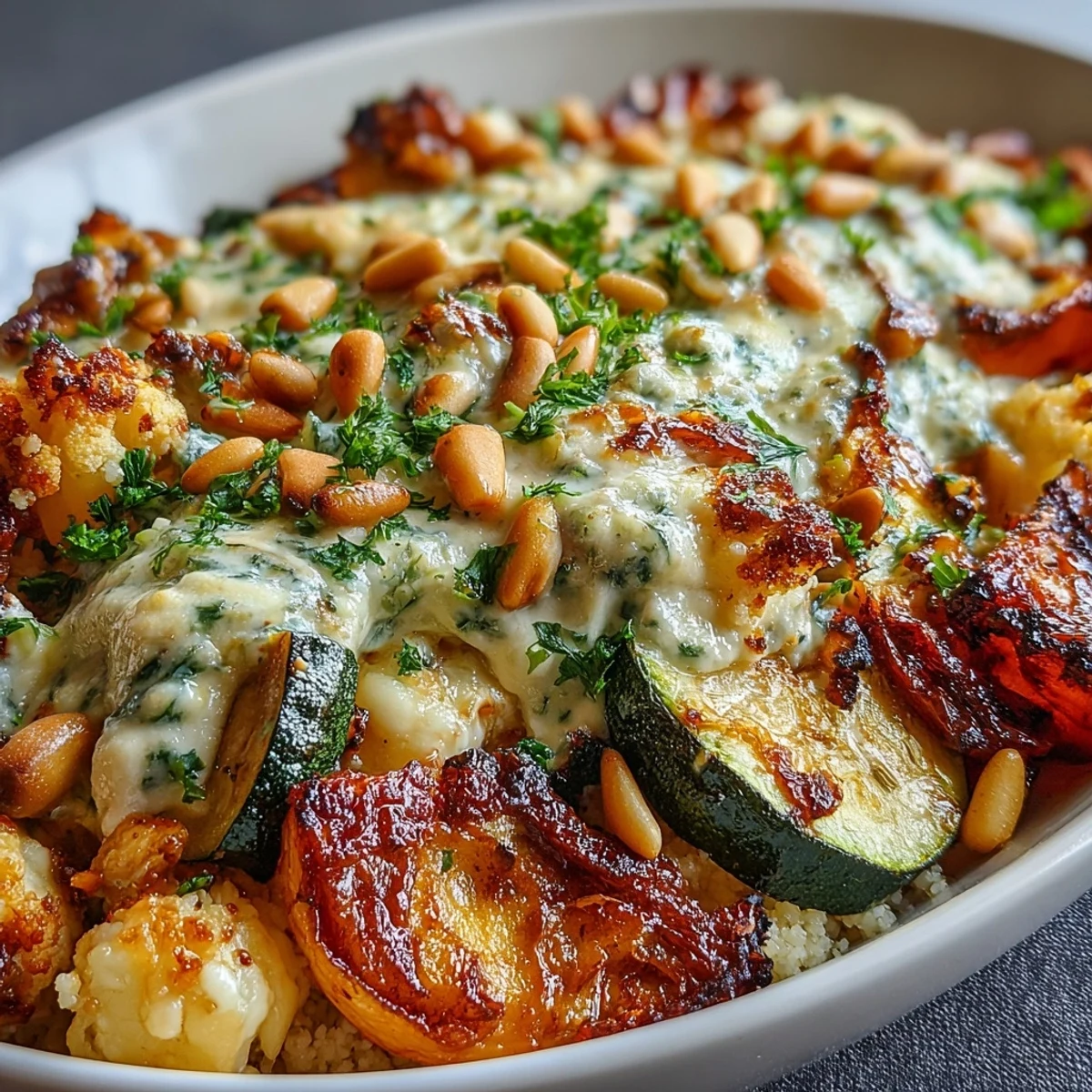 Oven-baked Roasted Veggie & Feta Couscous Bake, topped with melty feta and pine nuts.