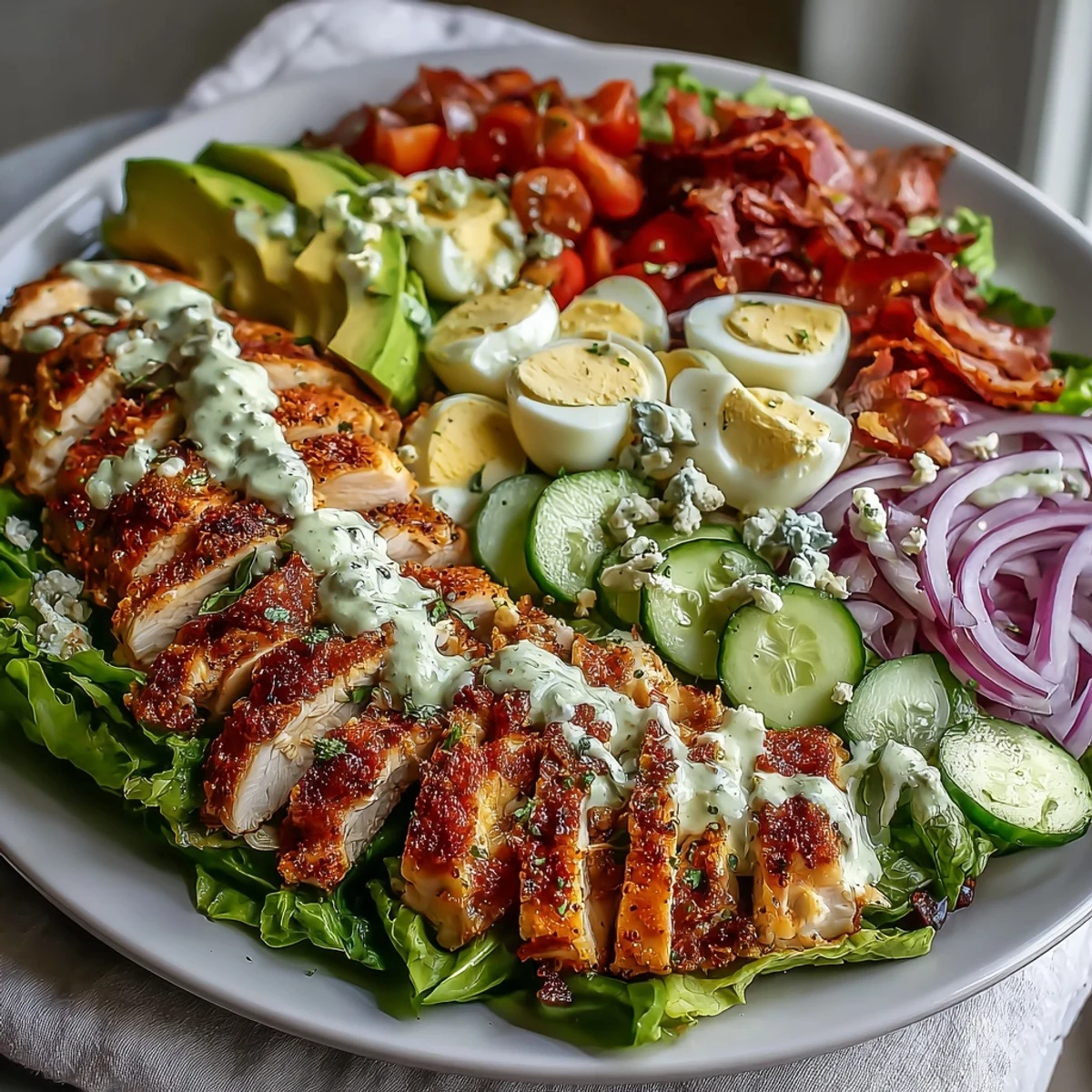 Crispy Parmesan crusted chicken thighs sliced over a classic Cobb salad with eggs, bacon, and blue cheese.