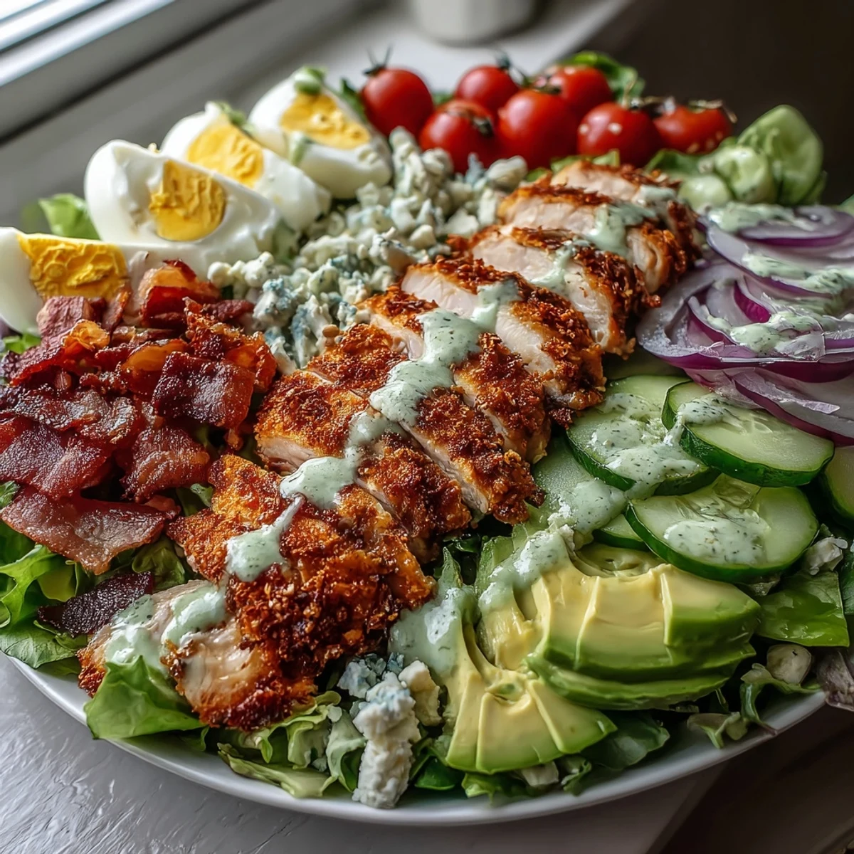 Golden baked Parmesan crusted chicken served atop a colorful Cobb salad with avocado, tomatoes, and tangy red wine dressing.