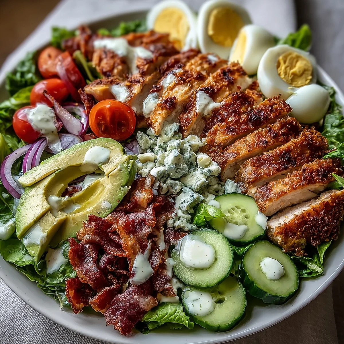 Juicy Parmesan crusted chicken breast arranged on a bed of fresh greens with hard-boiled eggs, bacon, and creamy blue cheese crumbles.