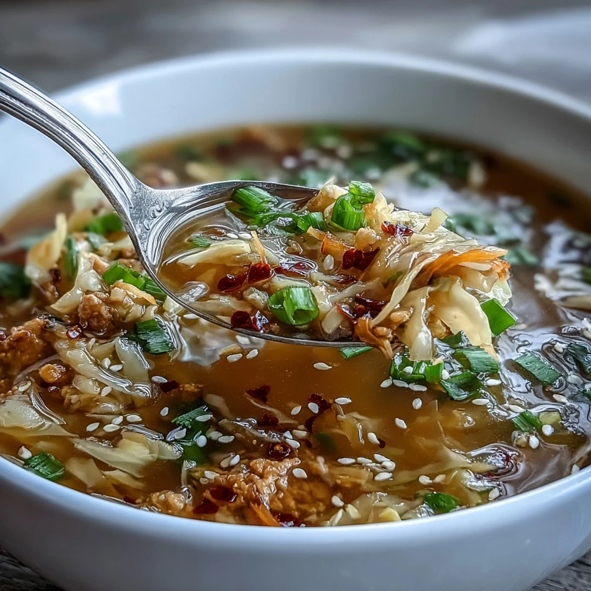 A steaming bowl of egg roll soup with tender chicken, cabbage, and carrots in a savory broth, topped with chili crisp for bold flavor.