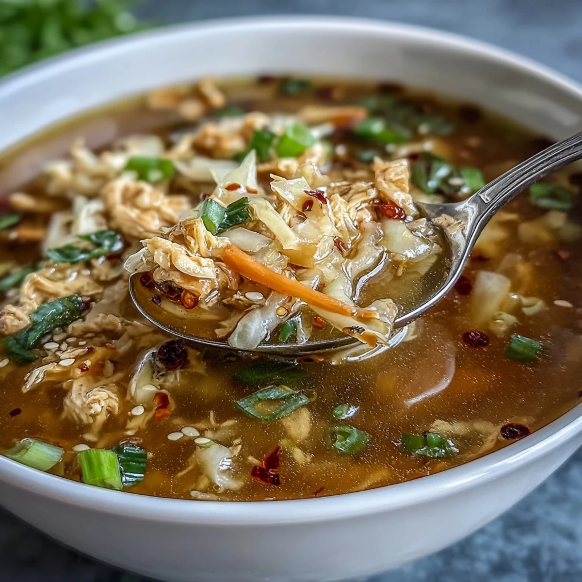Rich and aromatic egg roll soup filled with ground chicken, fresh ginger, and crisp vegetables, finished with a drizzle of spicy chili oil.