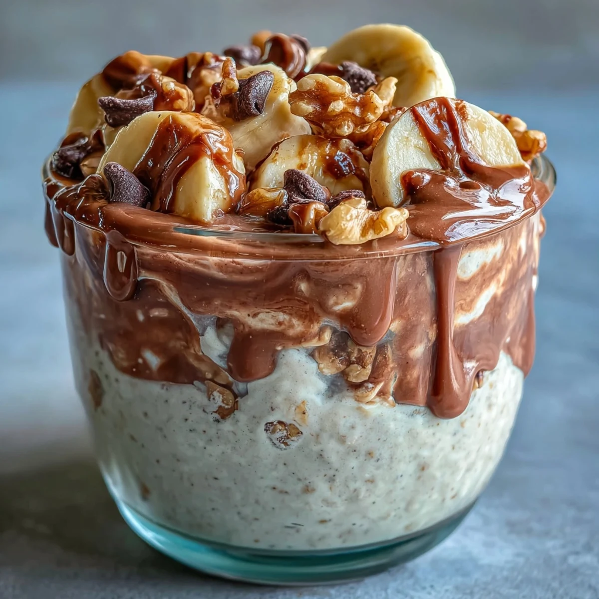 Chunky Monkey Protein Overnight Oats with banana, peanut butter, and cocoa, topped with walnuts and chocolate chips for a protein-packed breakfast.