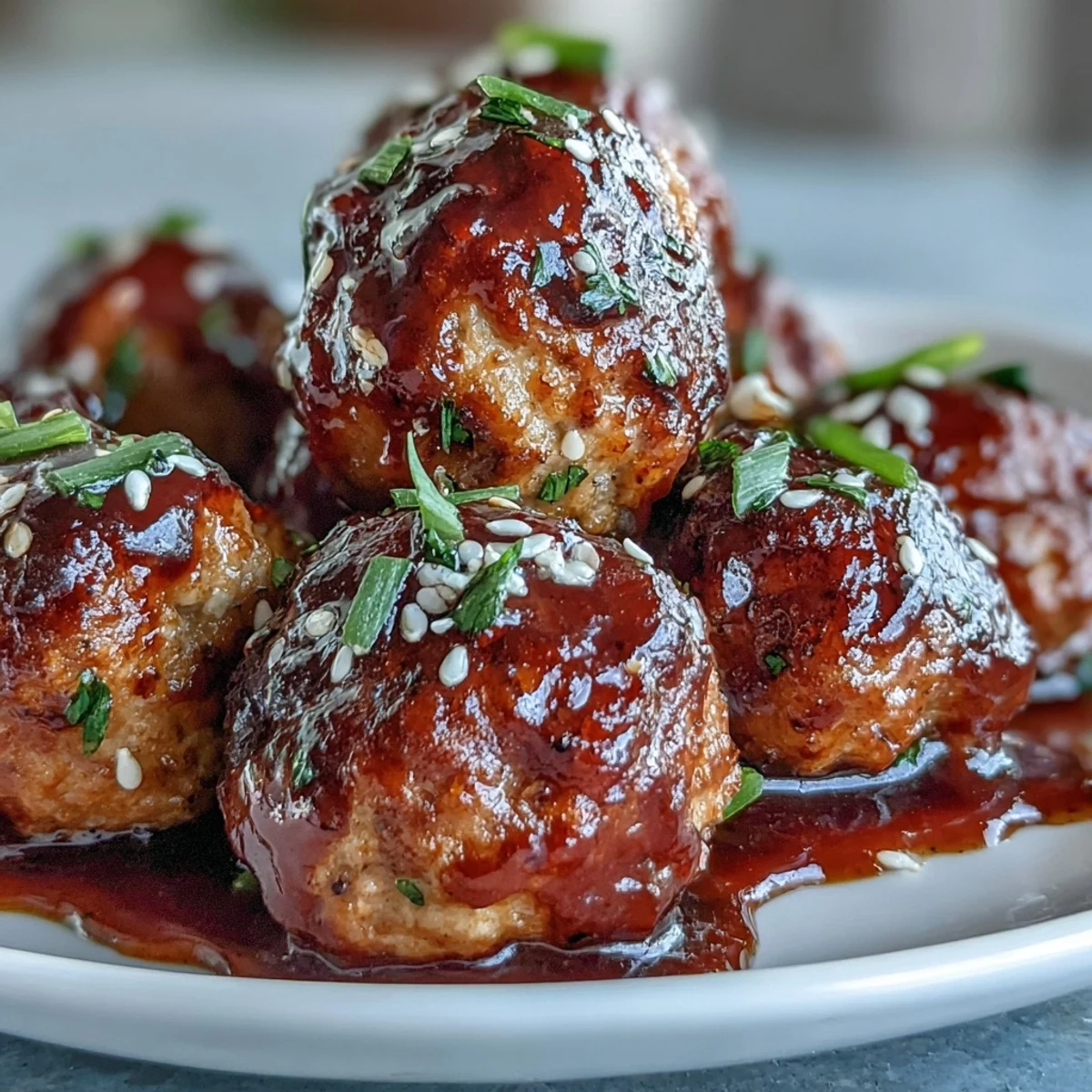 Spicy chili honey turkey meatballs glazed in sriracha sauce, served hot from the oven with sesame seeds.  