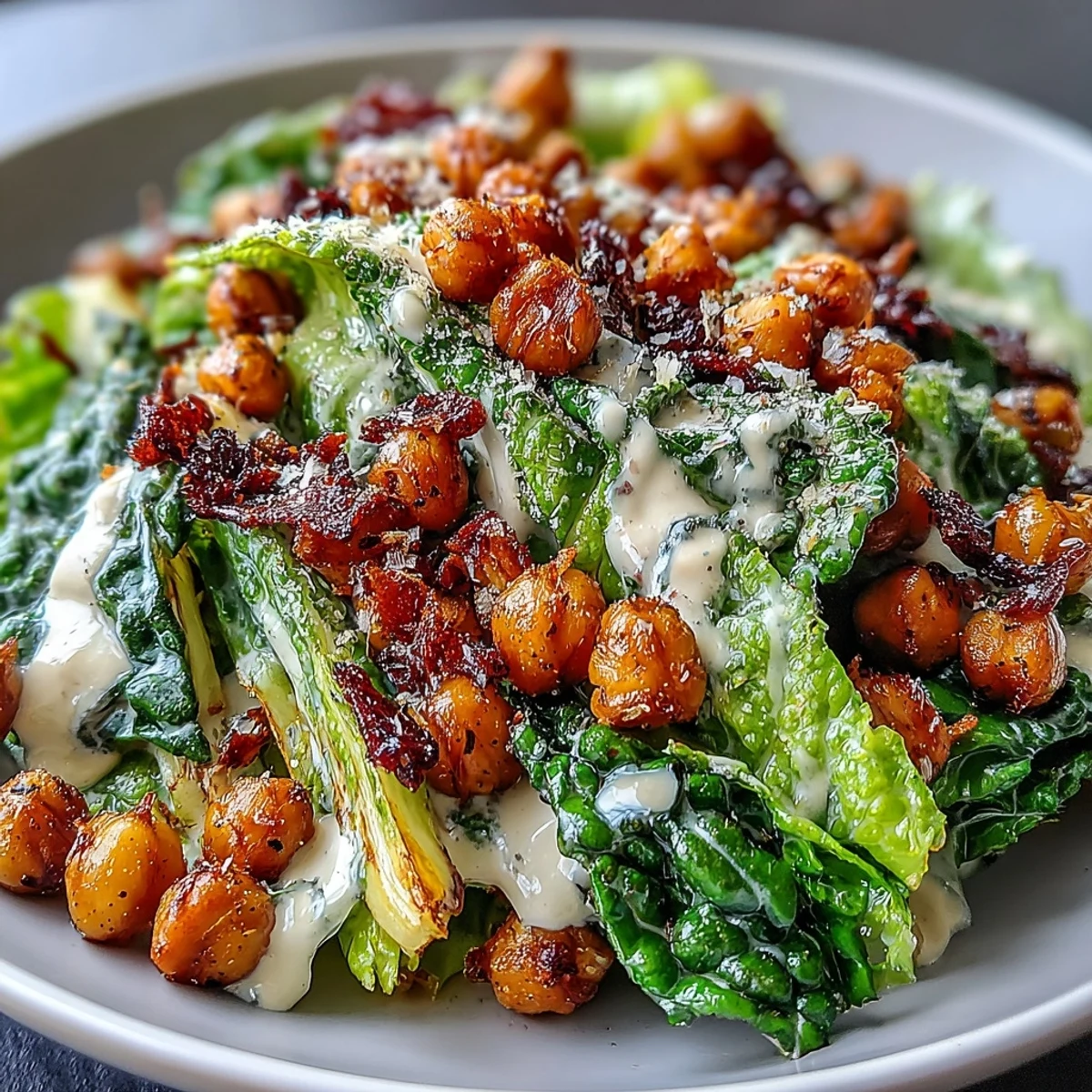 Crunchy roasted chickpea croutons top a bed of fresh romaine lettuce, all tossed in a rich and tangy dairy-free cashew Caesar dressing.  