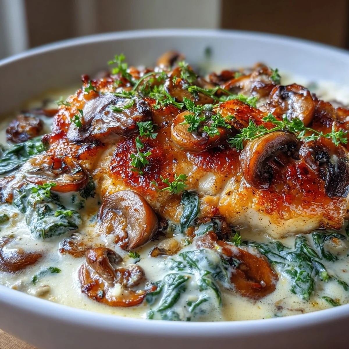 Golden pan-seared chicken in a velvety Parmesan cream sauce, loaded with sautéed mushrooms and wilted spinach for a keto-friendly dinner.  