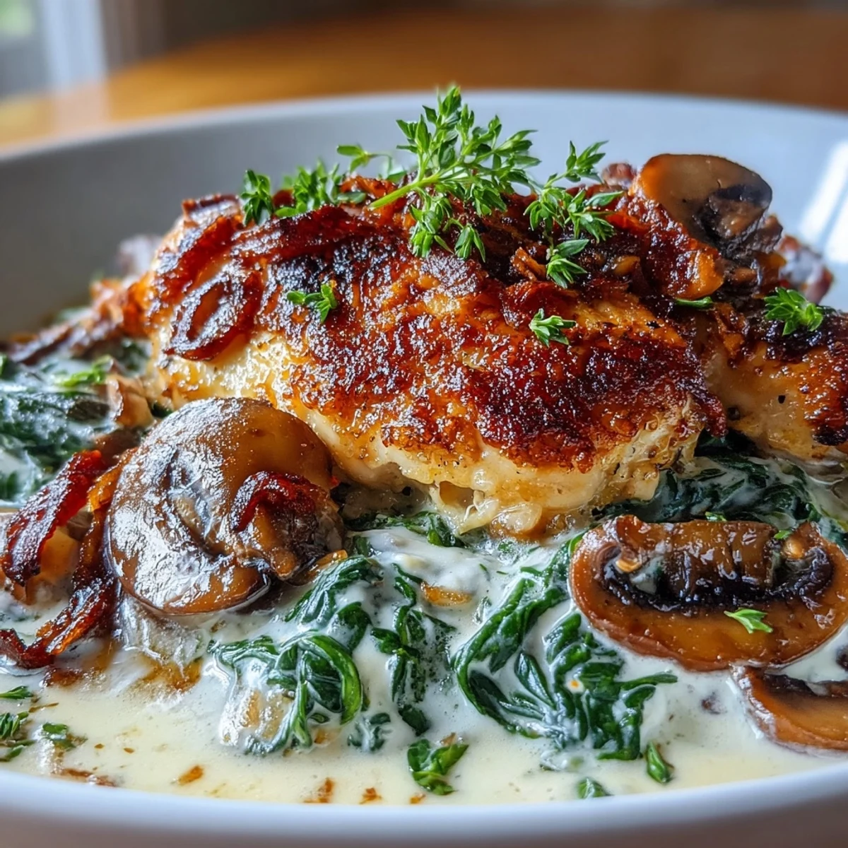Creamy, low-carb chicken skillet featuring juicy chicken, earthy mushrooms, and vibrant spinach simmered in a luscious, cheesy sauce.