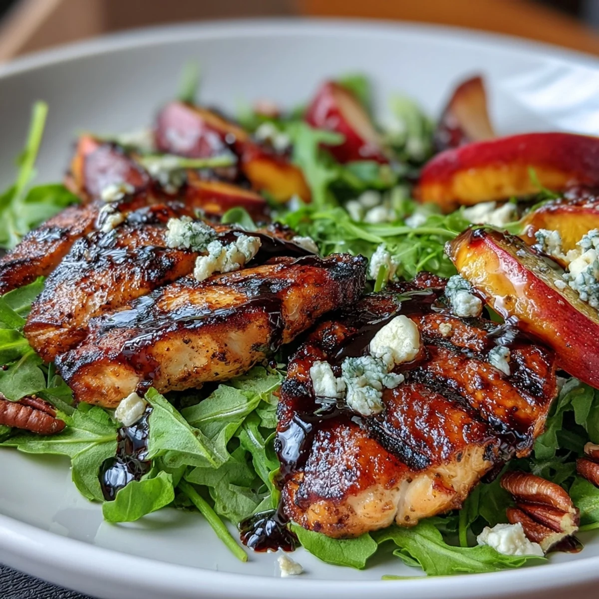 Grilled Chicken and Peach Arugula Salad with Balsamic Drizzle, showcasing juicy grilled chicken and sweet peaches atop fresh peppery arugula.  