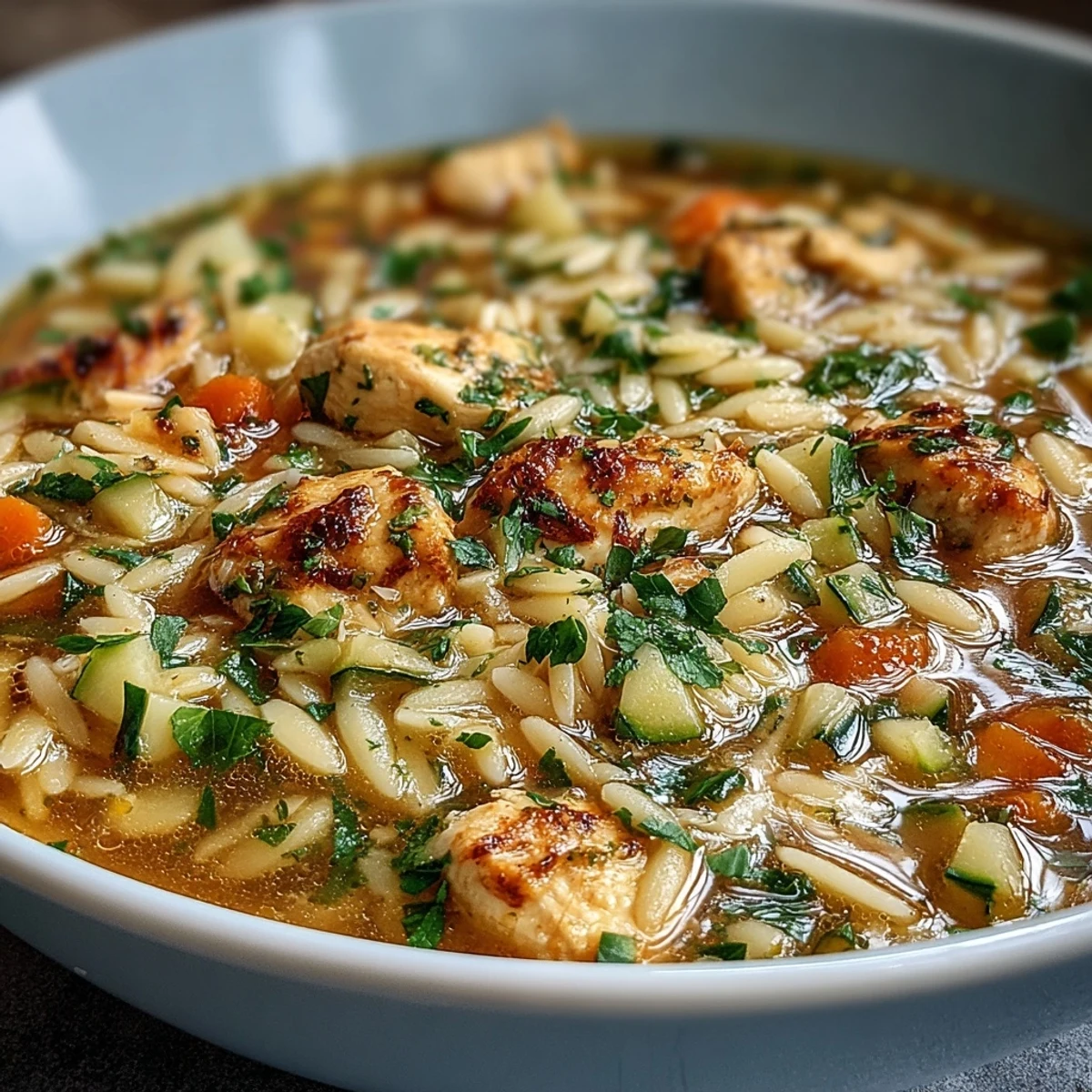 A steaming bowl of One-Pot Lemon Chicken and Zucchini Orzo Soup with tender chicken, fresh zucchini, and orzo in a bright lemon broth.  
