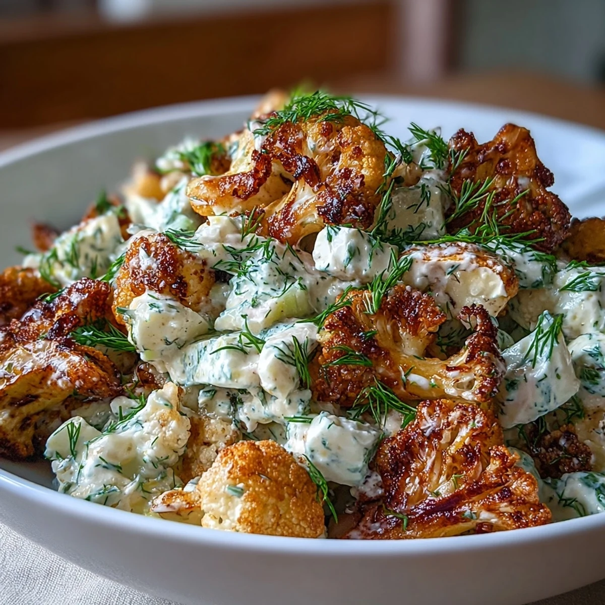 Creamy keto cauliflower potato salad with dill pickles, eggs, and roasted cauliflower florets in a tangy dressing.  
