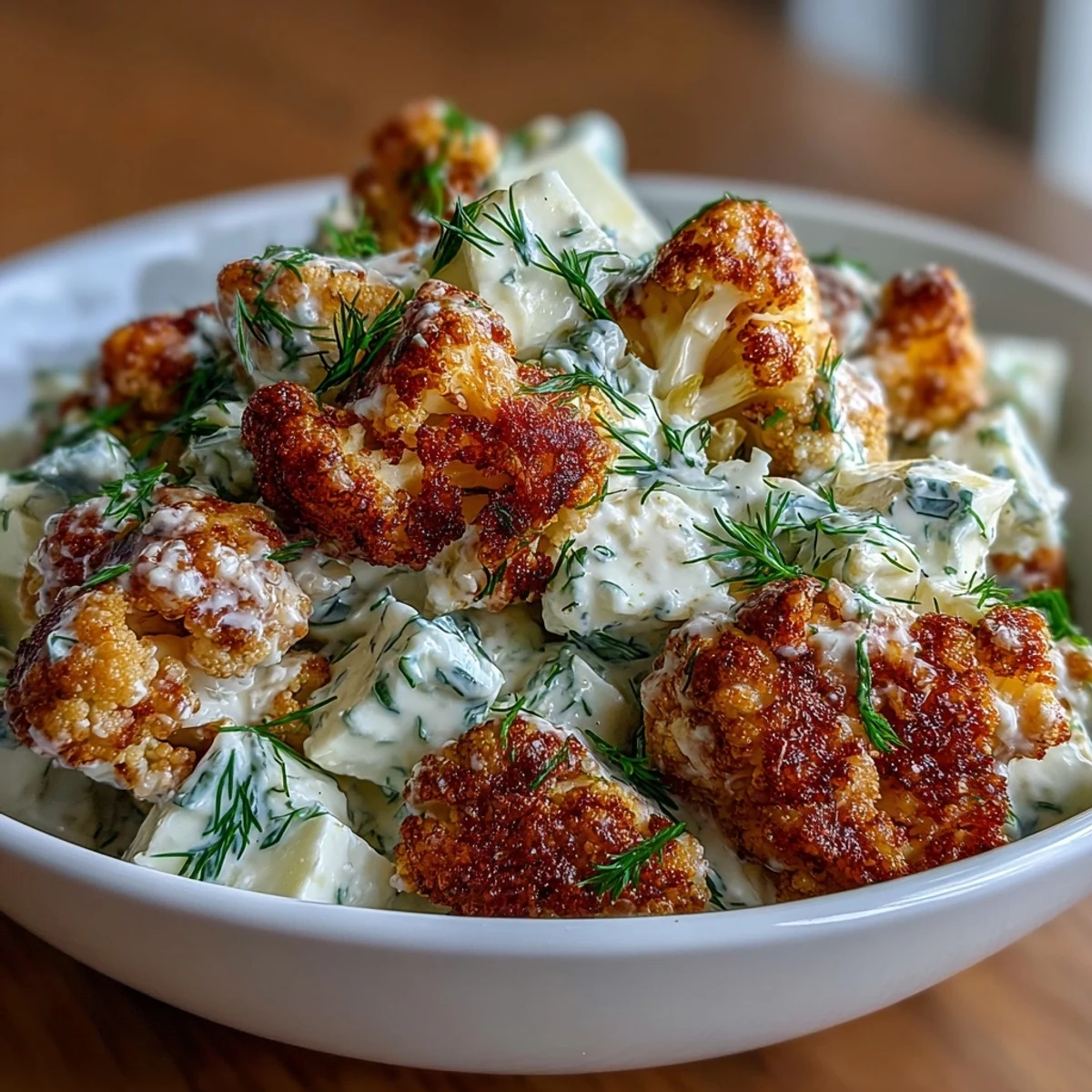 Low-carb cauliflower salad featuring crisp celery, red onion, dill pickles, and hard-boiled eggs tossed in a rich, herby dressing.  