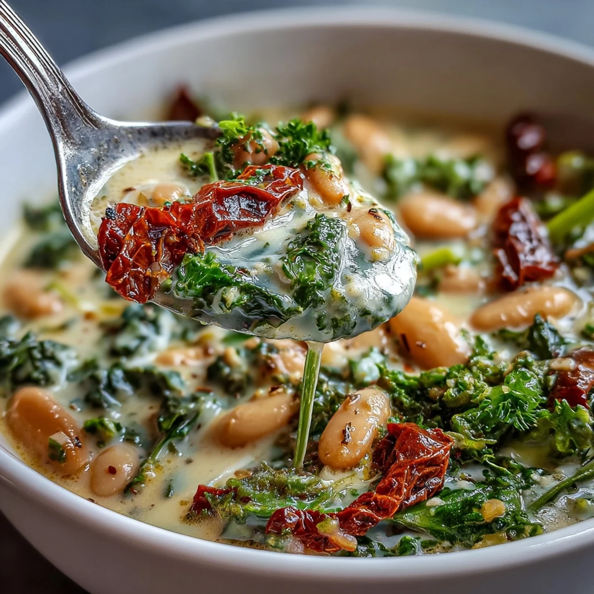 Creamy Tuscan white bean and kale soup with cashew cream, sun-dried tomatoes, and garlic.