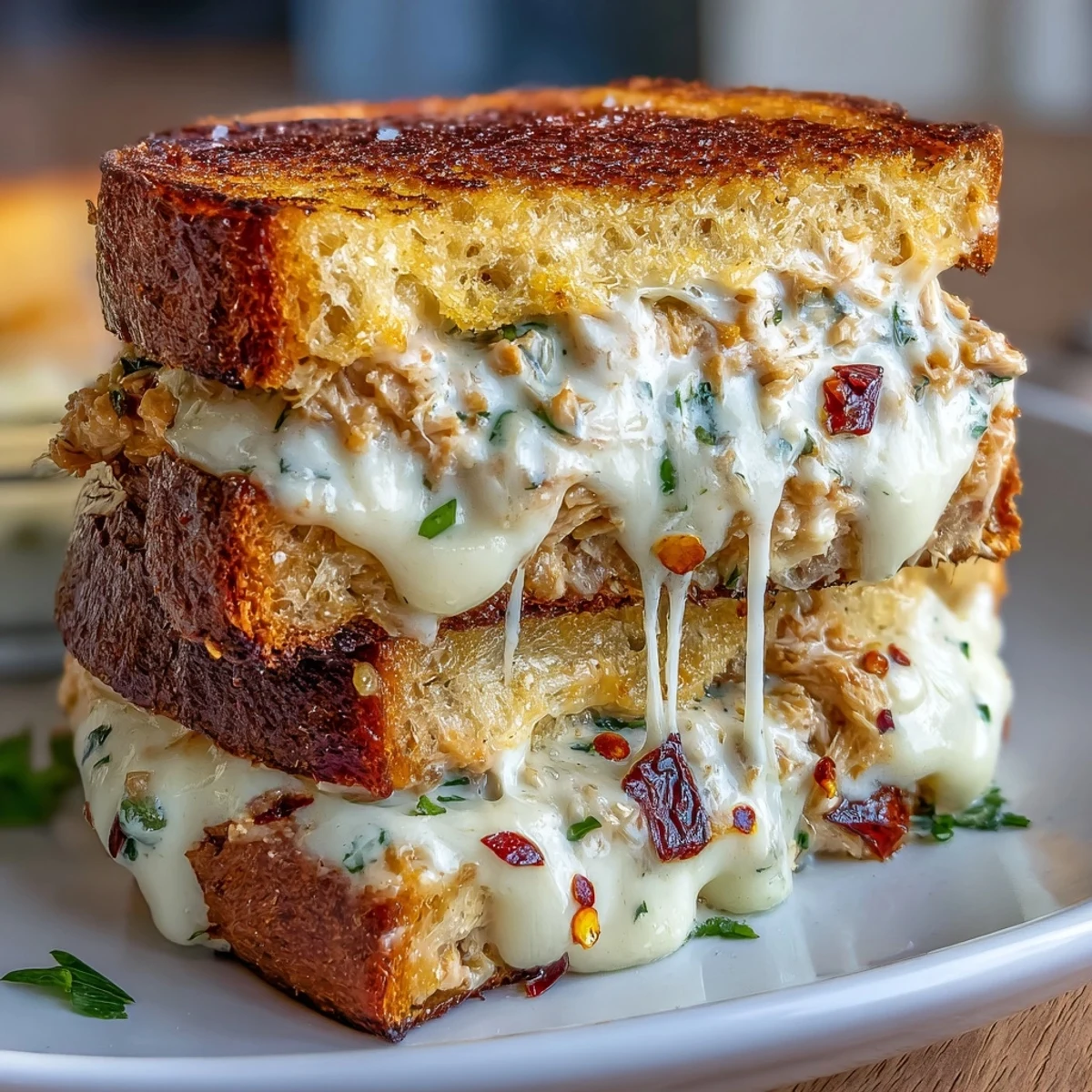 A vibrant tuna melt sandwich with spicy Calabrian chili peppers, creamy tuna salad, and melted cheese on toasted sourdough.