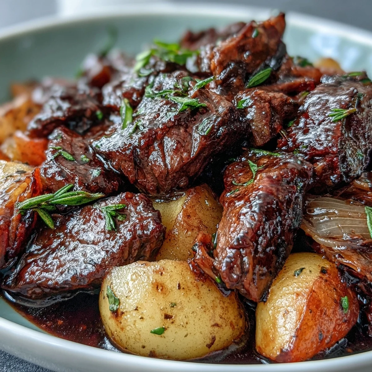 Hearty Japanese Nikujaga with tender beef and potatoes simmered in a sweet-savory soy sauce broth, perfect for a comforting meal.