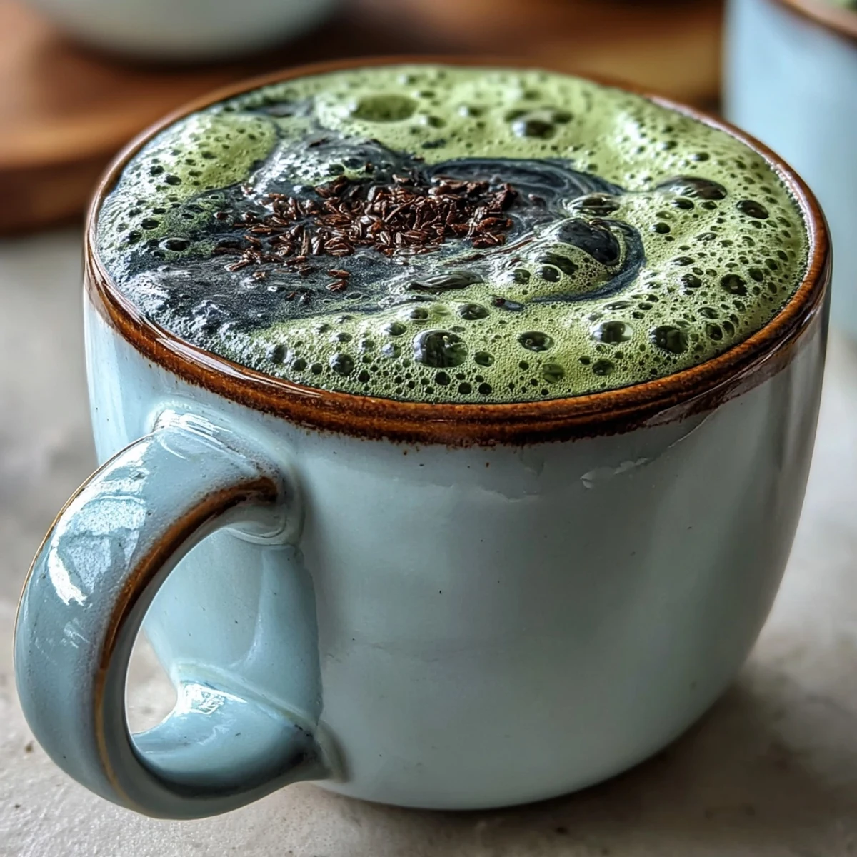 A creamy black sesame matcha latte with a frothy top and rich, nutty aroma.