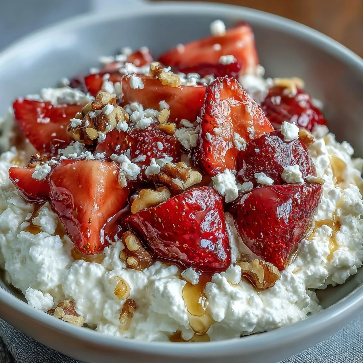 Vibrant cottage cheese fruit bowl topped with juicy strawberries, sliced banana, and a sweet honey drizzle for natural flavor.